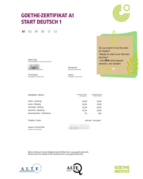 Goethe-Zertifikat A1 for Rabia, total 95 out of 100