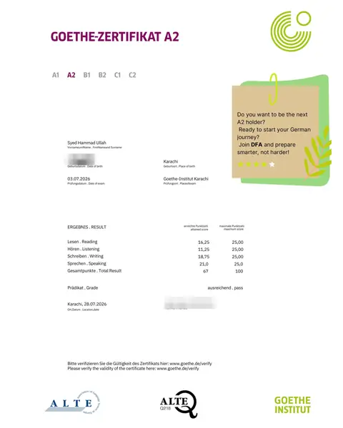 Goethe-Zertifikat A2 for Hammad, total 67 out of 100