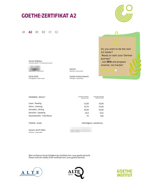 Goethe-Zertifikat A2 for Usman, total 74 out of 100