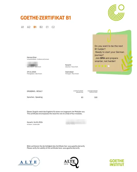 Goethe-Zertifikat B1 Sprechen for Hamza, 83 out of 100