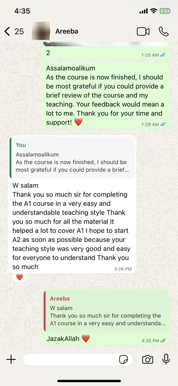 WhatsApp message from Areeba (A1 completed): Thank you so much sir for completing the A1 course in a very easy and understandable teaching style. Thank you so much for all the material. It helped a lot to cover A1. I hope to start A2 as soon as possible
