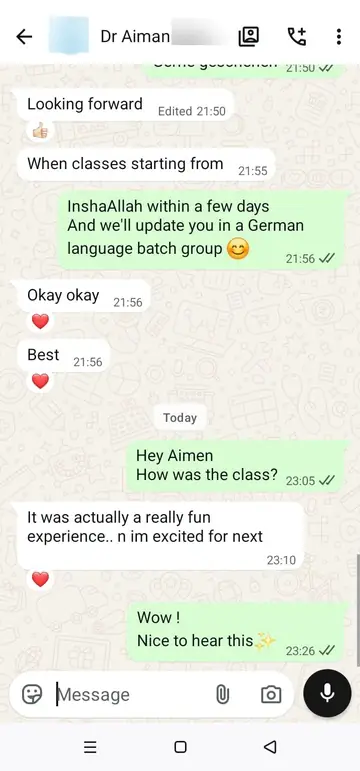 WhatsApp message from Dr Aiman (First class): It was actually a really fun experience.. n im excited for next