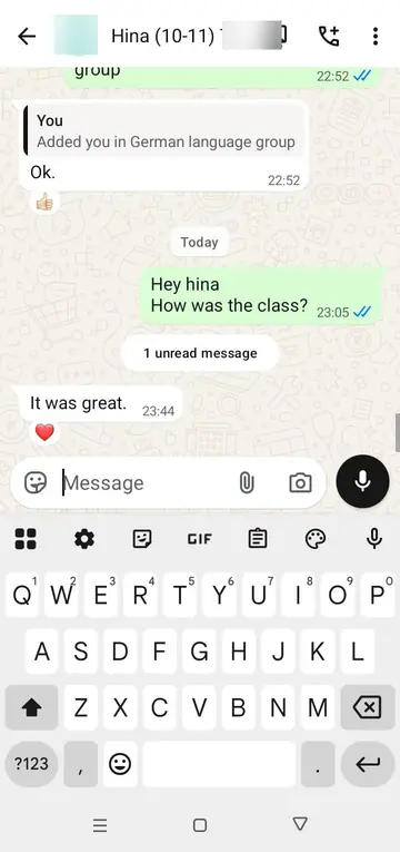 WhatsApp message from Hina (First class): It was great.