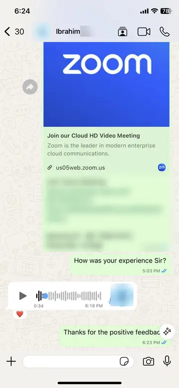 WhatsApp voice note from Ibrahim after his demo class, 34 seconds