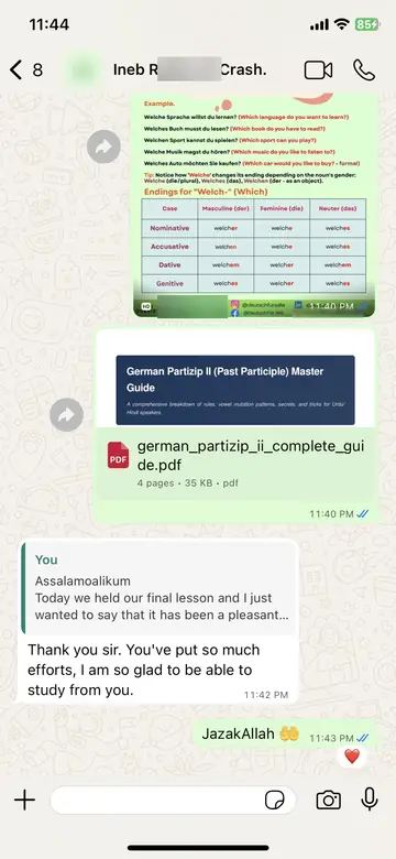 WhatsApp message from Ineb (A1 Crash Course): Thank you sir. You've put so much efforts, I am so glad to be able to study from you.