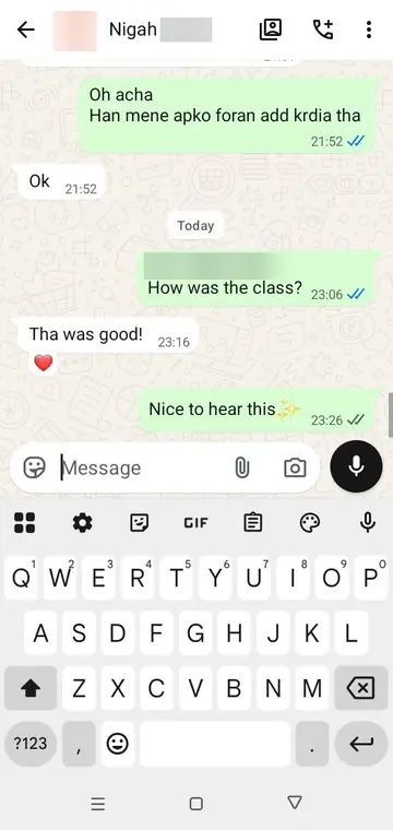 WhatsApp message from Nigah (First class): Tha was good!