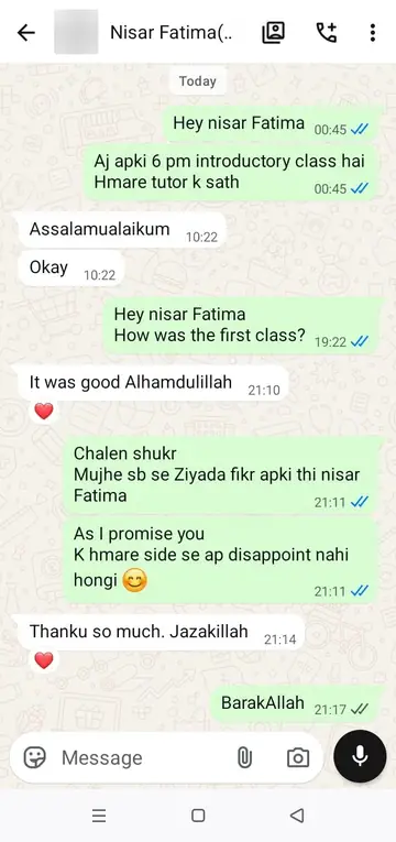 WhatsApp message from Nisar Fatima (First class): It was good Alhamdulillah. Thanku so much. Jazakillah