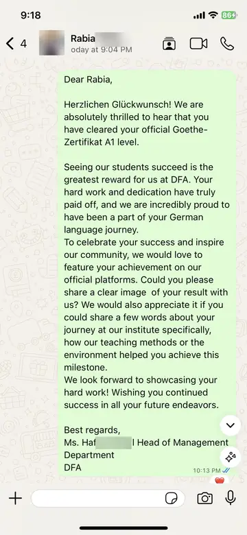 WhatsApp message from Rabia (Passed Goethe A1): Mr Ali is an amazing teacher and always eager to help. Would highly recommend DFA to everyone in future