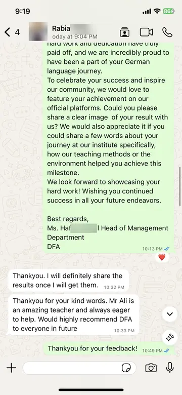 Continuation of Rabia's message recommending DFA
