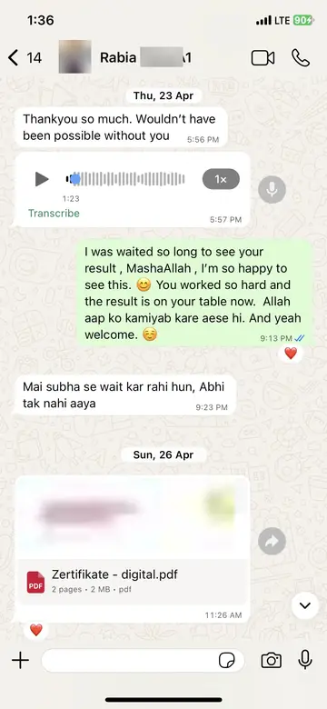 WhatsApp message from Rabia (A1 result): Thankyou so much. Wouldn't have been possible without you