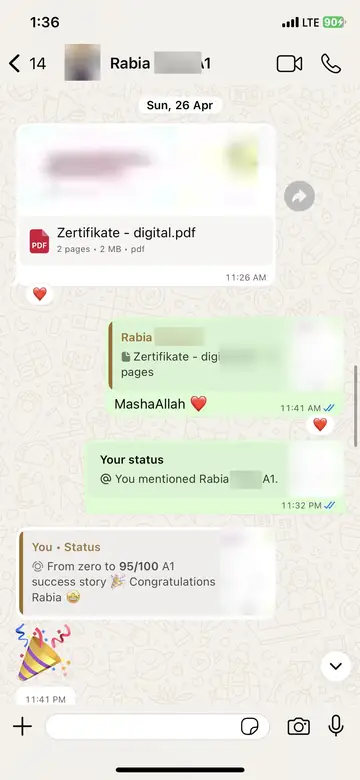 WhatsApp message from Rabia (A1, 95/100): Your continuous guidance made this happen