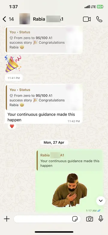 Continuation of Rabia's chat about her 95/100 A1 result