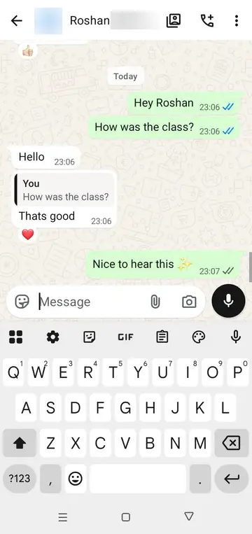 WhatsApp message from Roshan (First class): Thats good