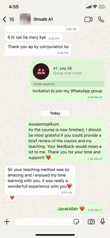 WhatsApp message from Shoaib (A1 completed): Sir your teaching method was so amazing and i enjoyed my time learning with you. it was really a wonderfull experience with you