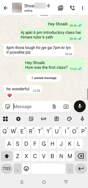 WhatsApp message from Shoaib (First class): Its wonderful