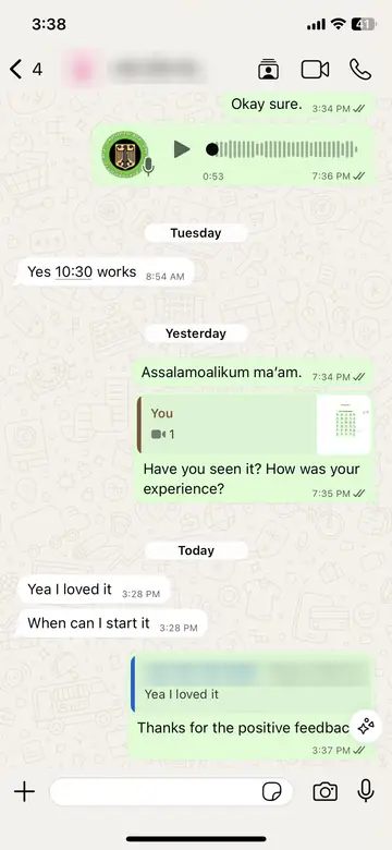 WhatsApp message from Raeesa (Intro video): Yea I loved it. When can I start it