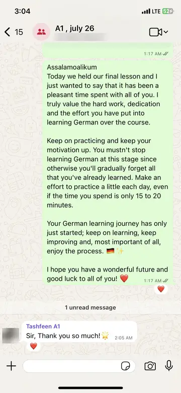 WhatsApp message from Tashfeen (A1 batch group): Sir, Thank you so much!