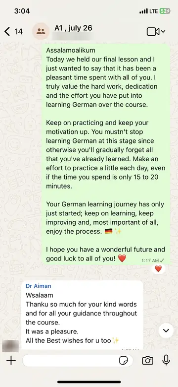 WhatsApp message from Dr Aiman (A1 batch group): Thanku so much for your kind words and for all your guidance throughout the course. It was a pleasure. All the Best wishes for u too