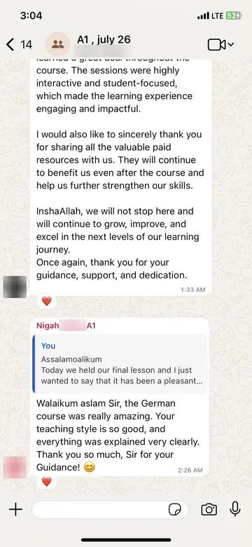 WhatsApp message from Sajjad and Nigah (A1 batch group): The German course was really amazing. Your teaching style is so good, and everything was explained very clearly.