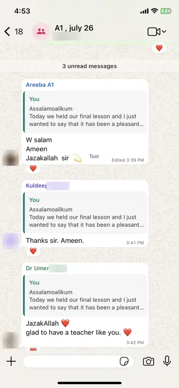 WhatsApp message from Areeba, Kuldeep and Dr Umer (A1 batch group): Jazakallah sir. Thanks sir. Ameen. JazakAllah glad to have a teacher like you.