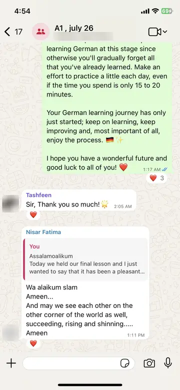 WhatsApp message from Nisar Fatima and Tashfeen (A1 batch group): Ameen... And may we see each other on the other corner of the world as well, succeeding, rising and shinning..... Ameen